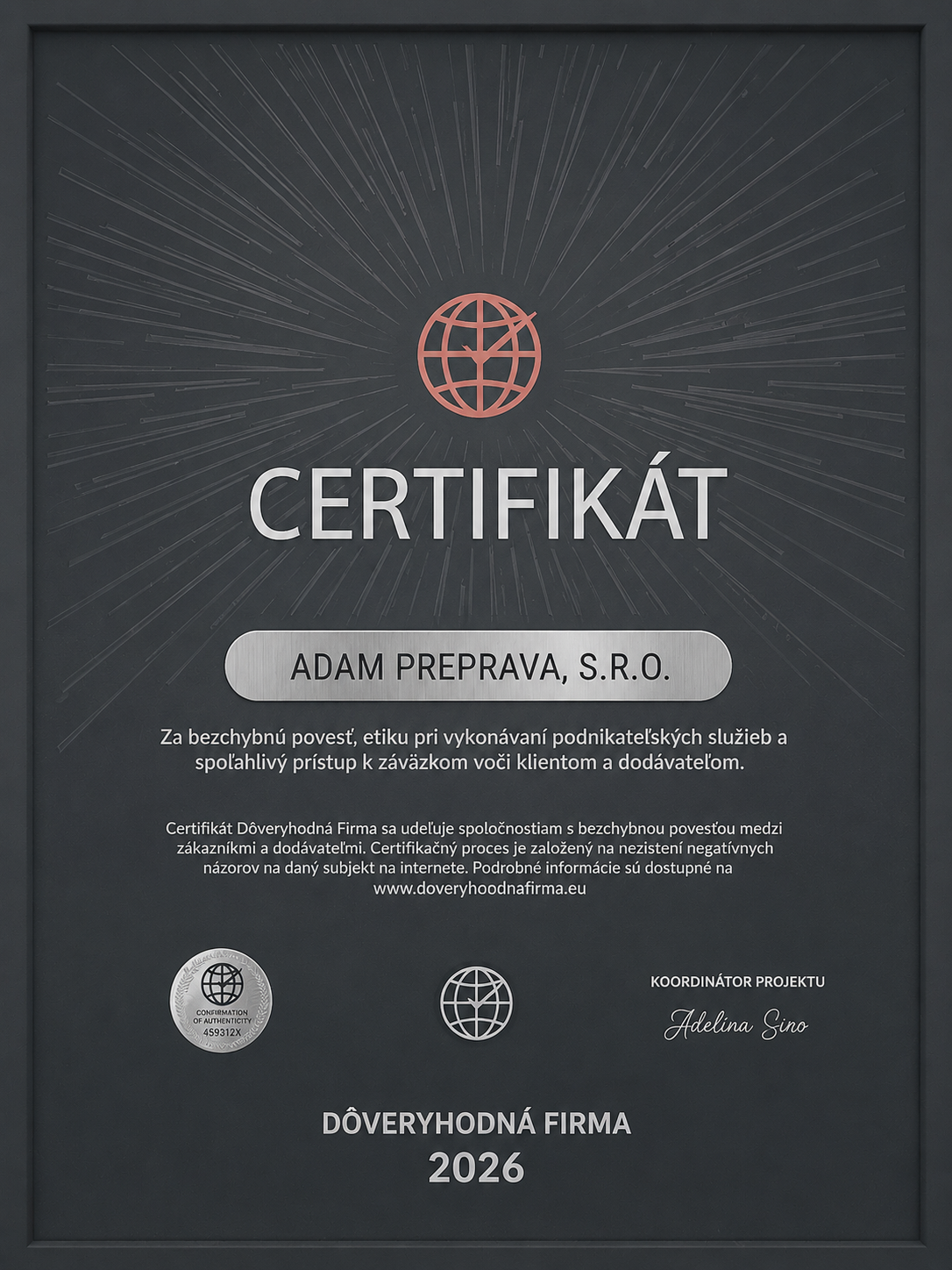 ec91d358-903f-412b-b75b-7c261de586d2 certifikát dôveryhodnej firmy 2026